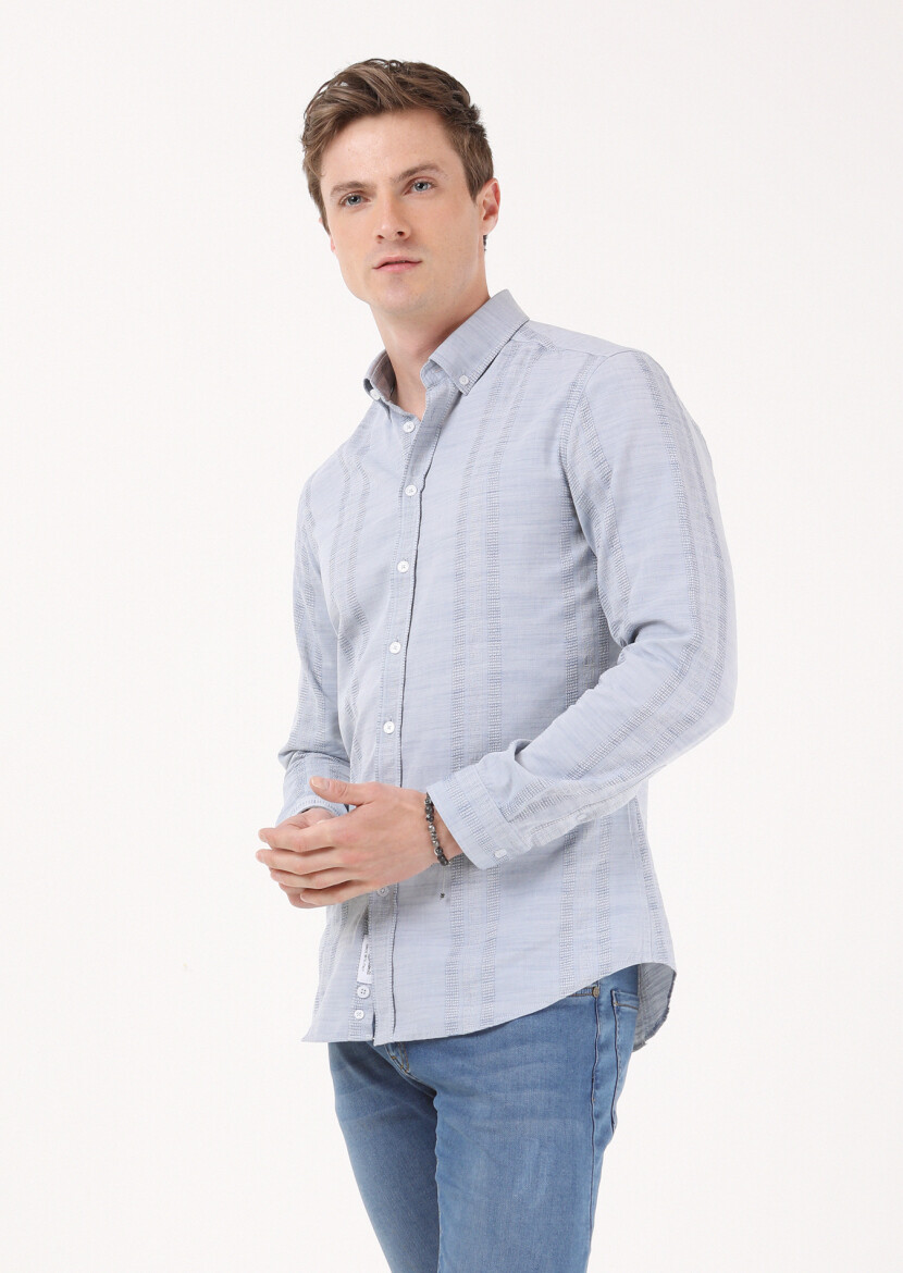 Light Indigo Striped Slim Fit Long Weaving Casual 100% Cotton Shirt - 3
