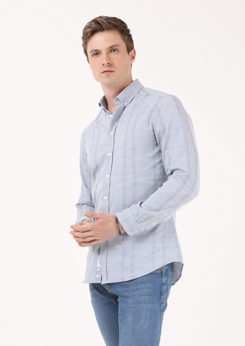 Light Indigo Striped Slim Fit Long Weaving Casual 100% Cotton Shirt - 3
