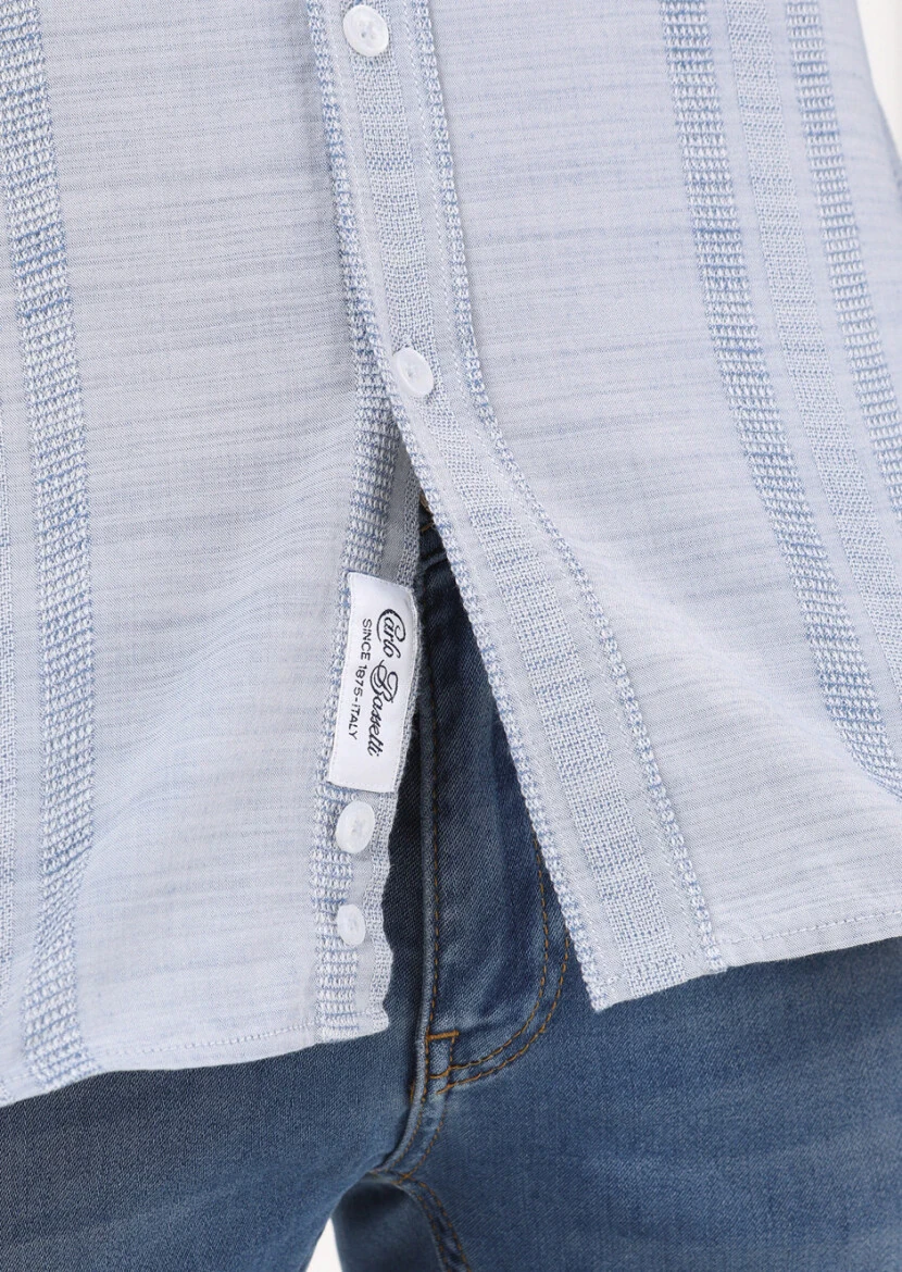 Light Indigo Striped Slim Fit Weaving Casual 100% Cotton Shirt - 4