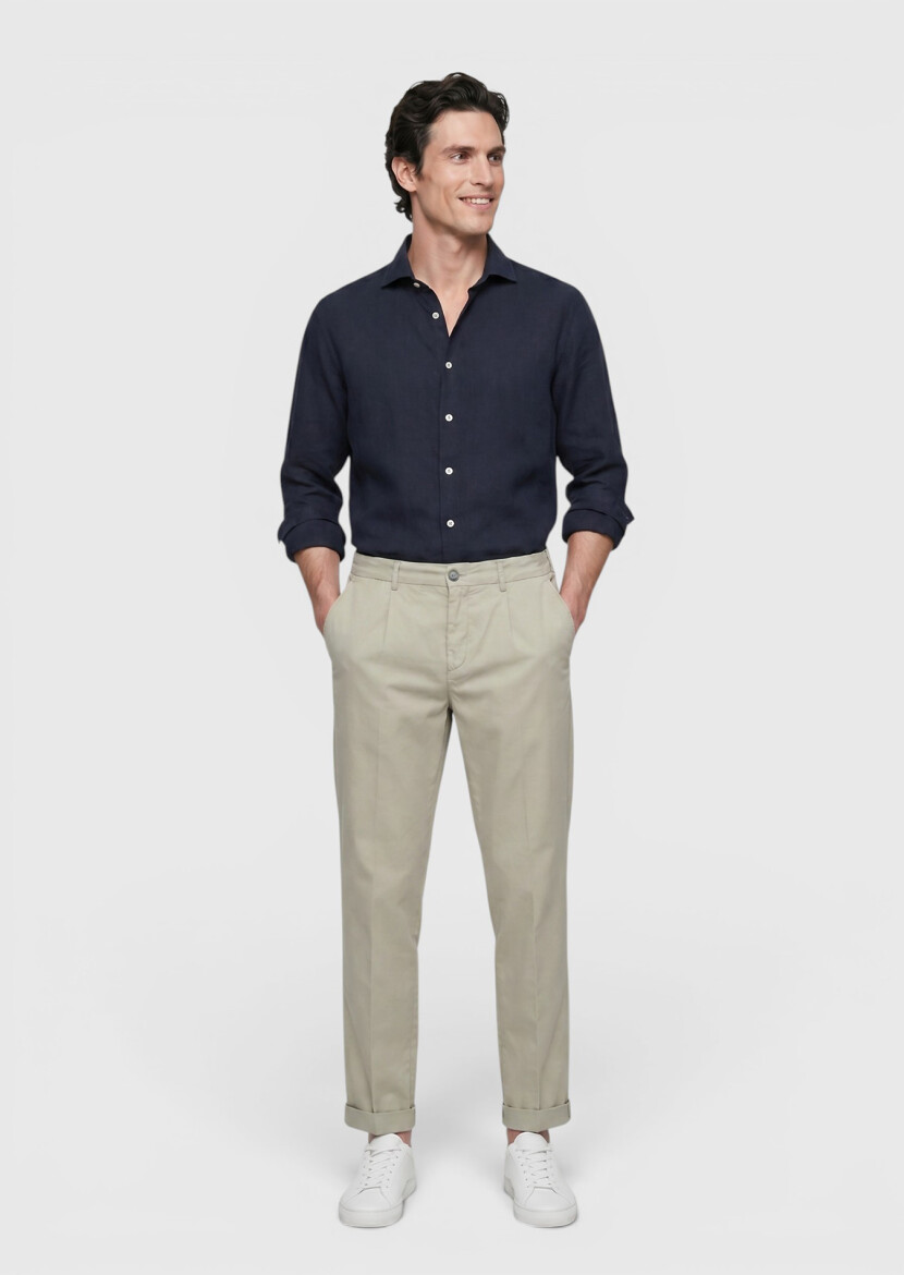 Light Khaki Weaving Jogging Fit Casual Cotton Blended Trousers 