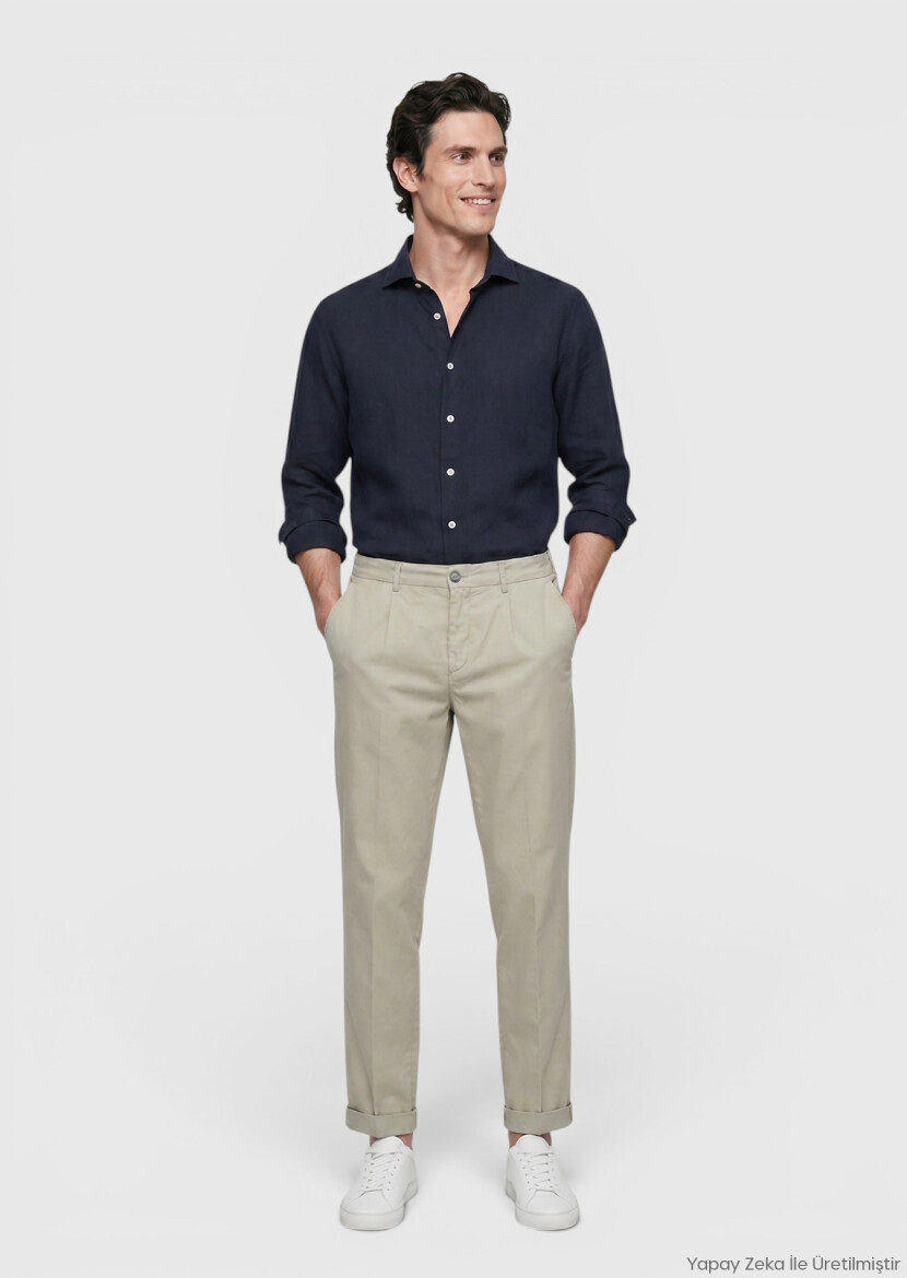 Light Khaki Weaving Jogging Fit Casual Cotton Blended Trousers - RAMSEY