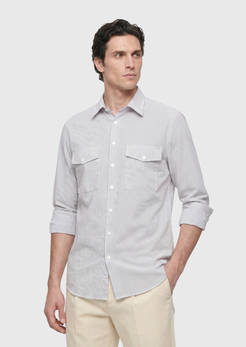 Light Mink Striped Regular Fit Long Weaving Casual Shirt - RAMSEY