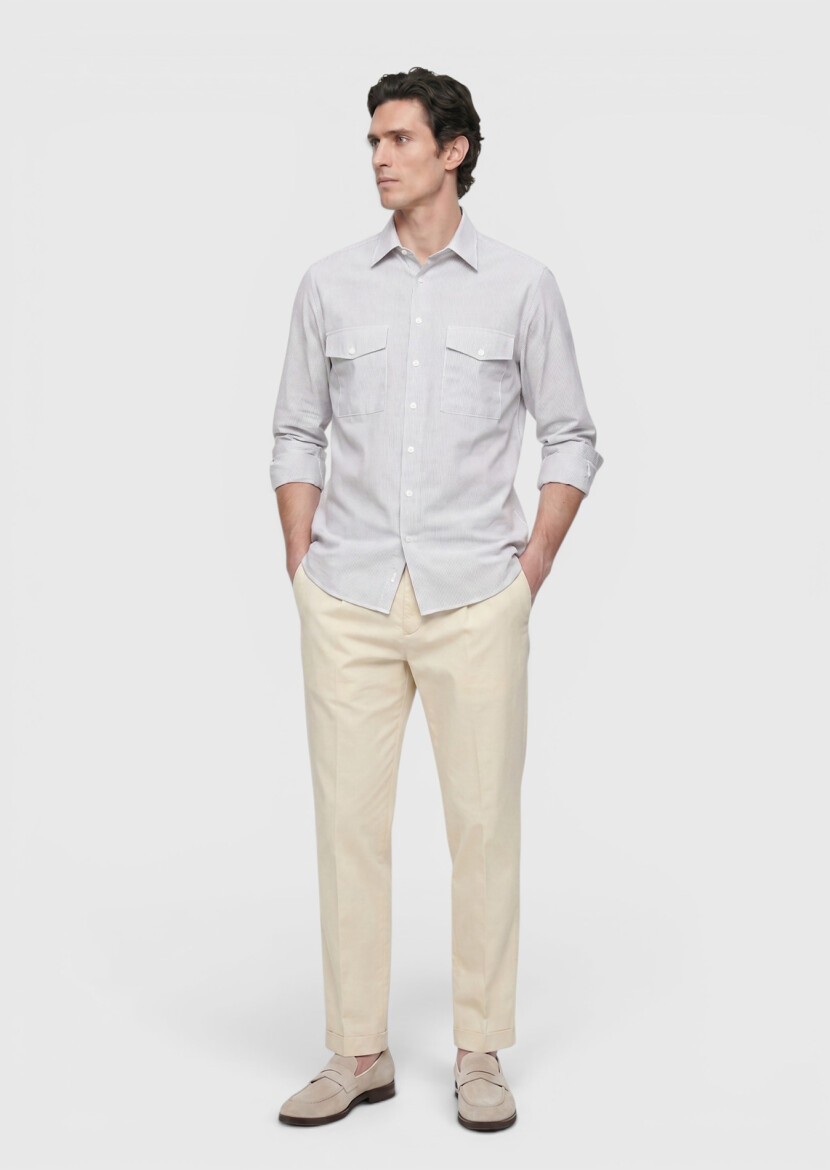 Light Mink Striped Regular Fit Long Weaving Casual Shirt - RAMSEY