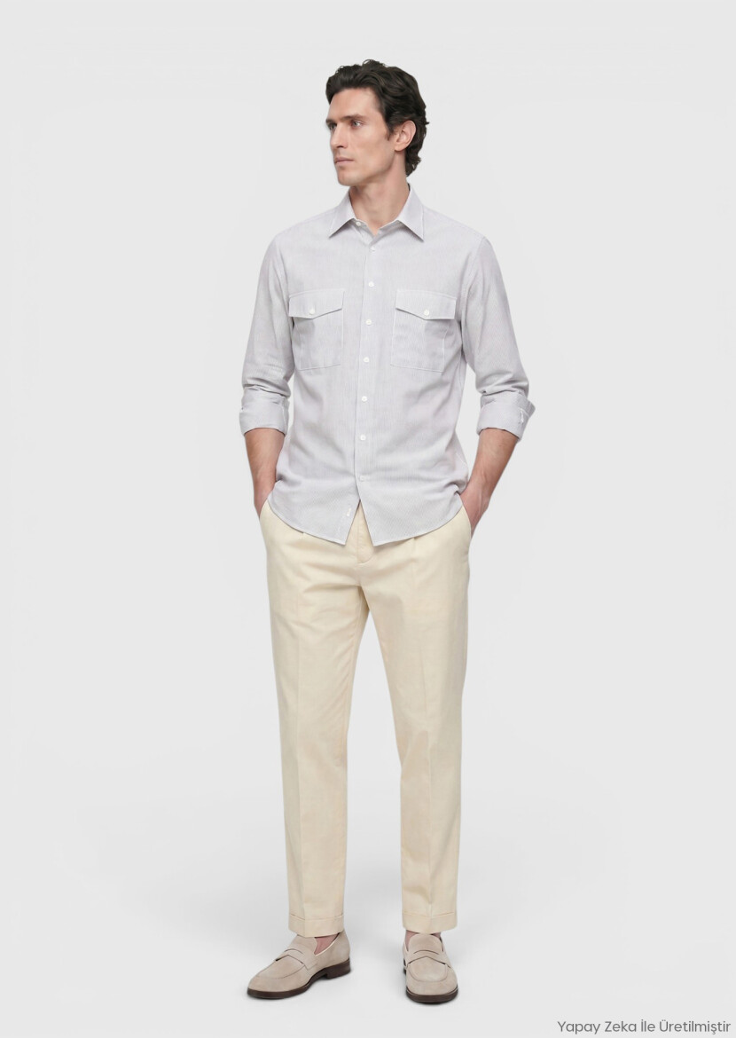 Light Mink Striped Regular Fit Long Weaving Casual Shirt - RAMSEY