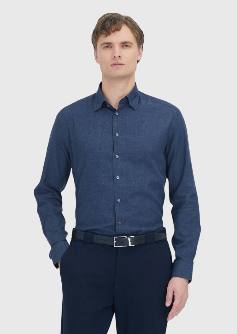 Light Navy Blue Checkered Casual Fit Long Weaving Casual 100% Cotton Shirt - RAMSEY
