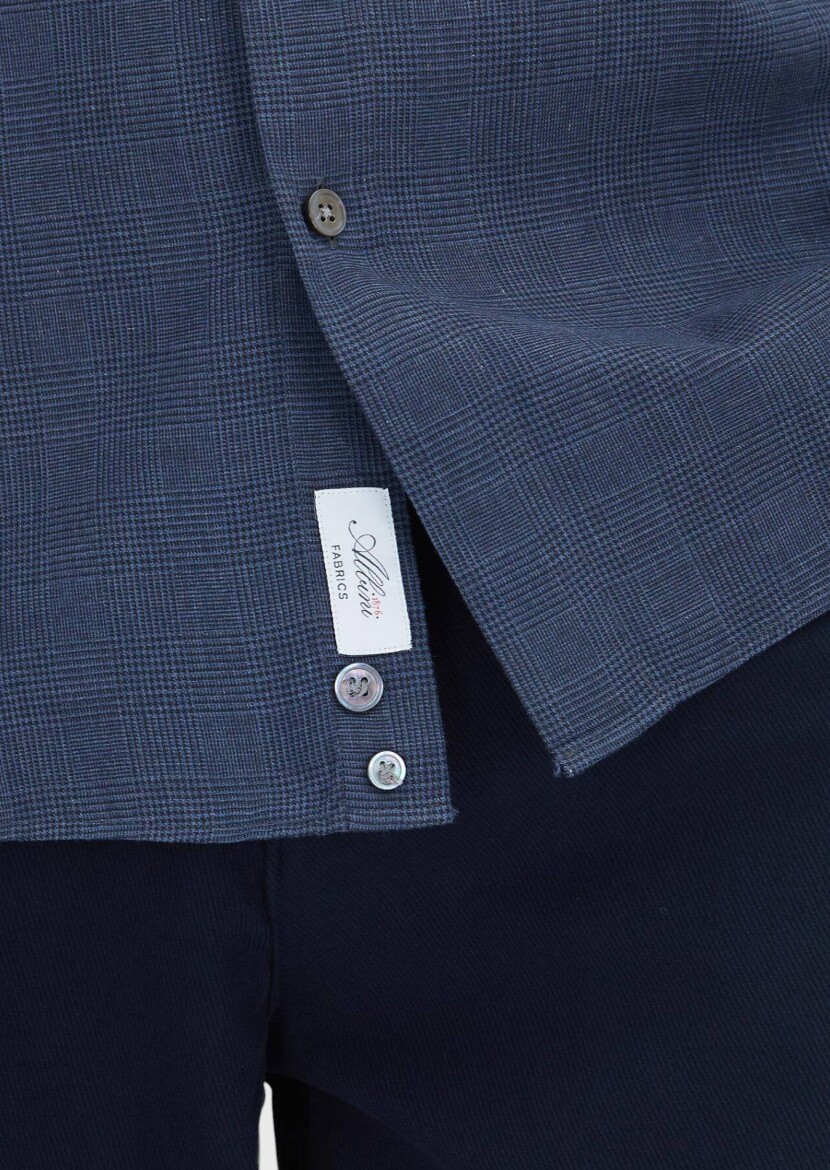 Light Navy Blue Checkered Casual Fit Long Weaving Casual 100% Cotton Shirt - 5