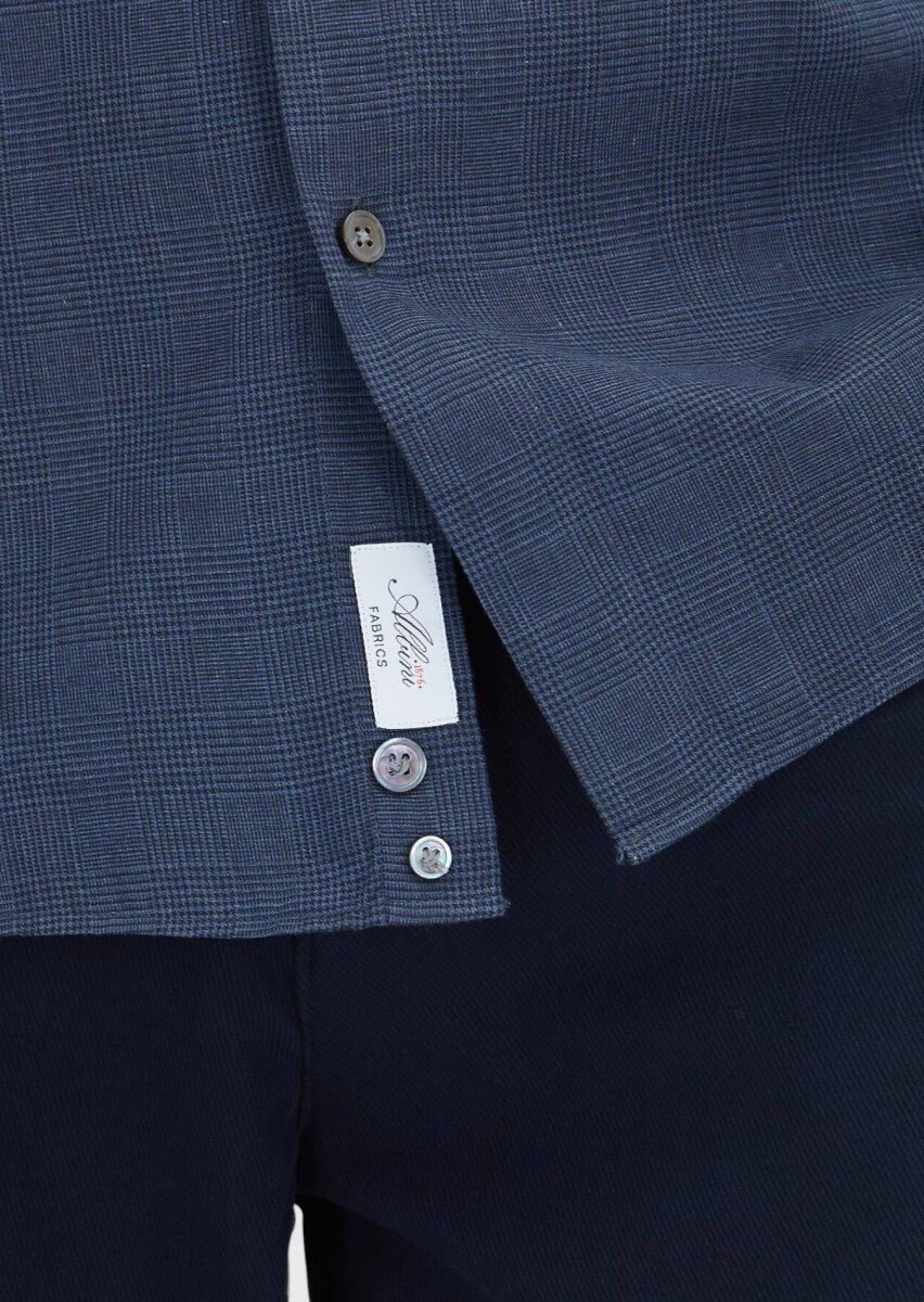 Light Navy Blue Checkered Casual Fit Long Weaving Casual 100% Cotton Shirt - 5