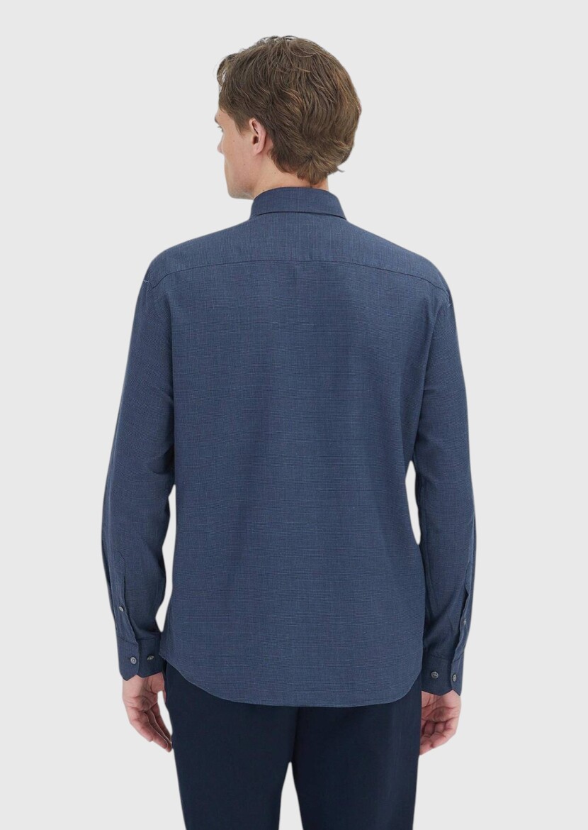 Light Navy Blue Checkered Casual Fit Long Weaving Casual 100% Cotton Shirt - 6