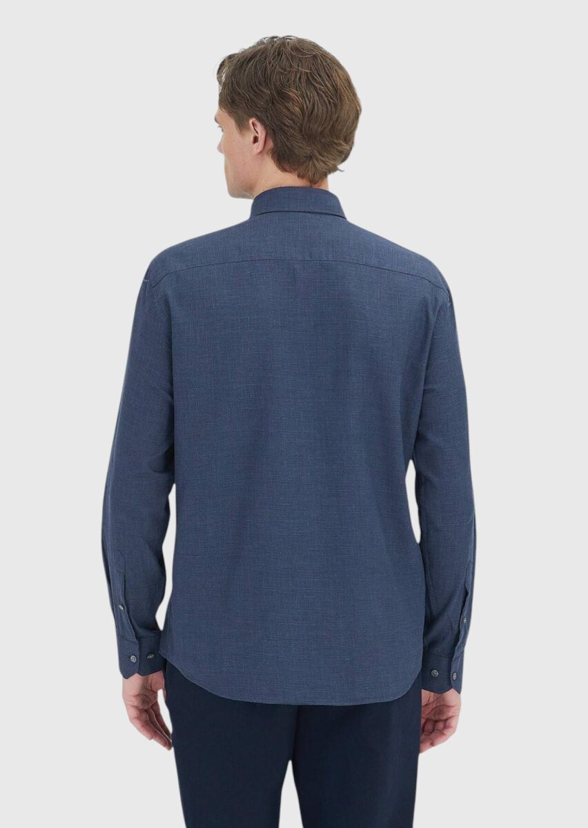 Light Navy Blue Checkered Casual Fit Long Weaving Casual 100% Cotton Shirt - 6