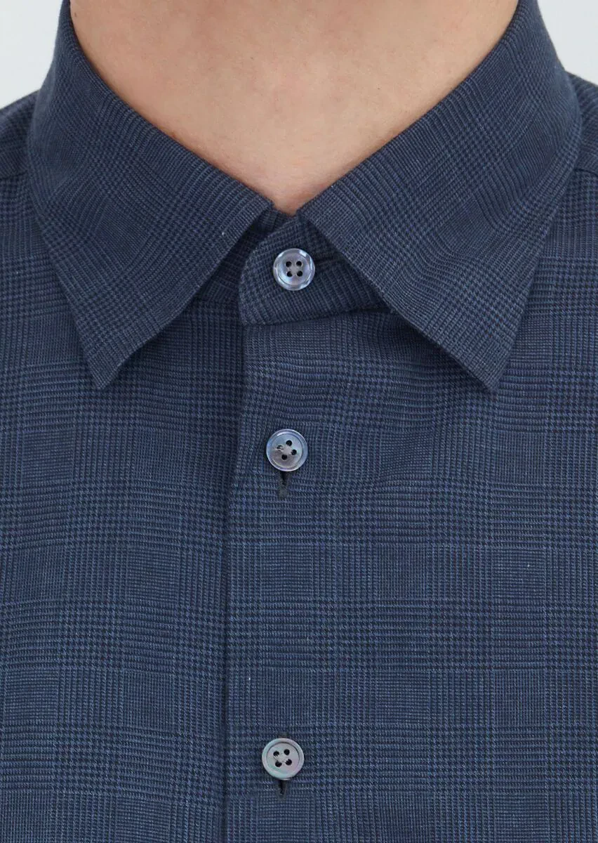 Light Navy Blue Checkered Casual Fit Weaving Casual 100% Cotton Shirt - 3