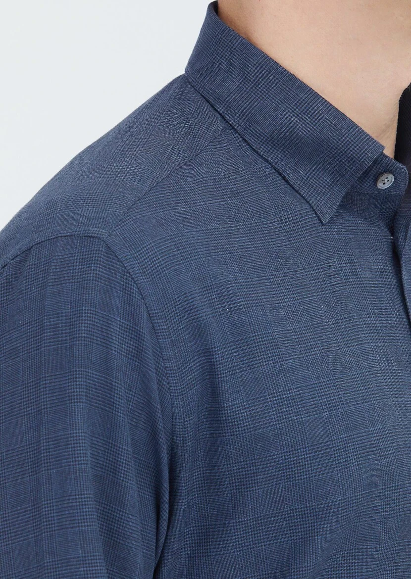 Light Navy Blue Checkered Casual Fit Weaving Casual 100% Cotton Shirt - 4