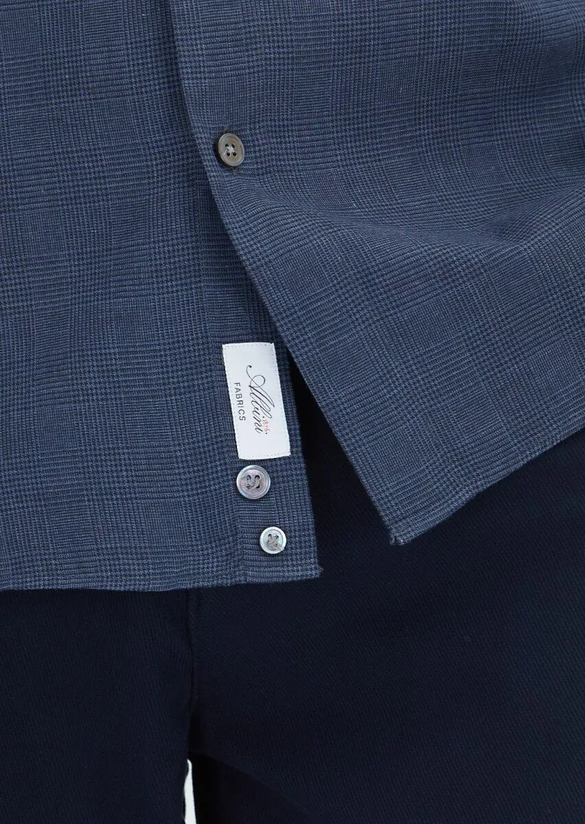 Light Navy Blue Checkered Casual Fit Weaving Casual 100% Cotton Shirt - 5