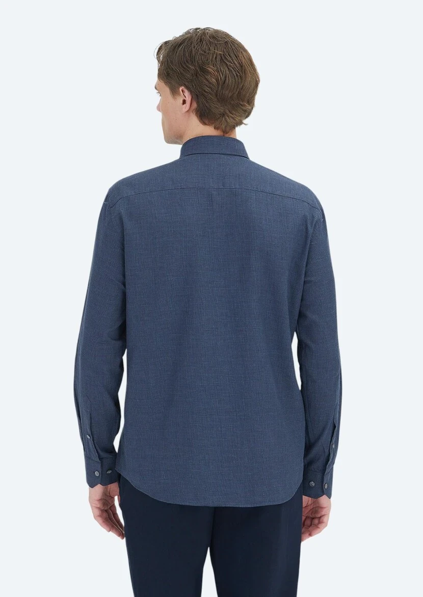 Light Navy Blue Checkered Casual Fit Weaving Casual 100% Cotton Shirt - 6