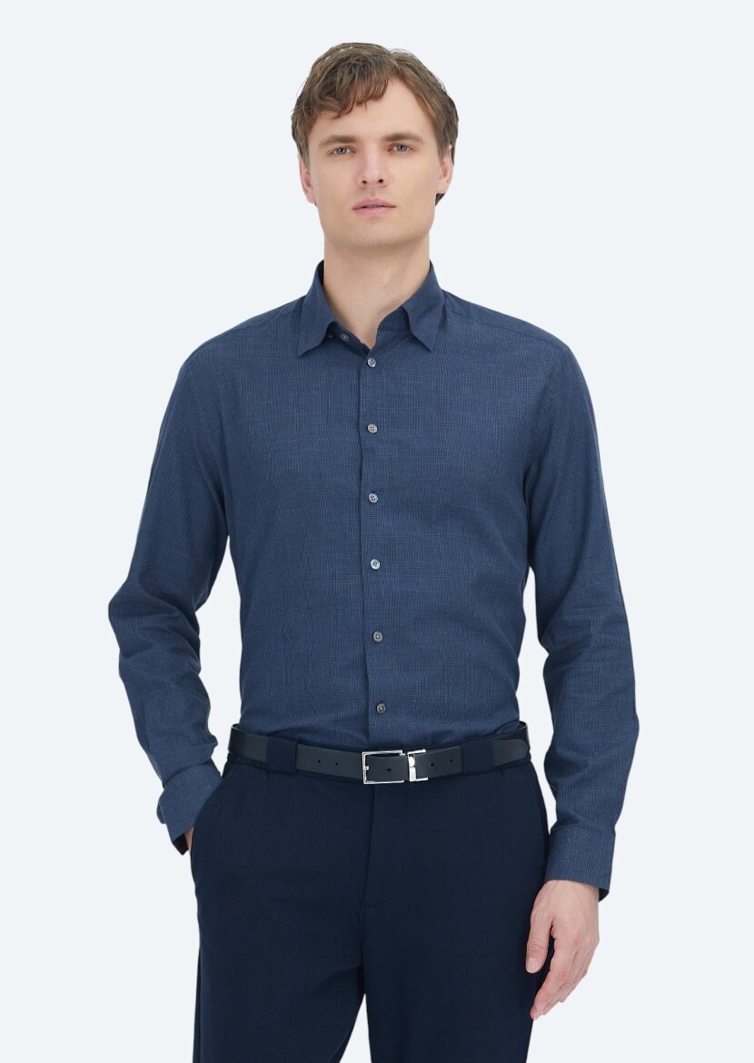 Light Navy Blue Checkered Casual Fit Weaving Casual 100% Cotton Shirt - RAMSEY