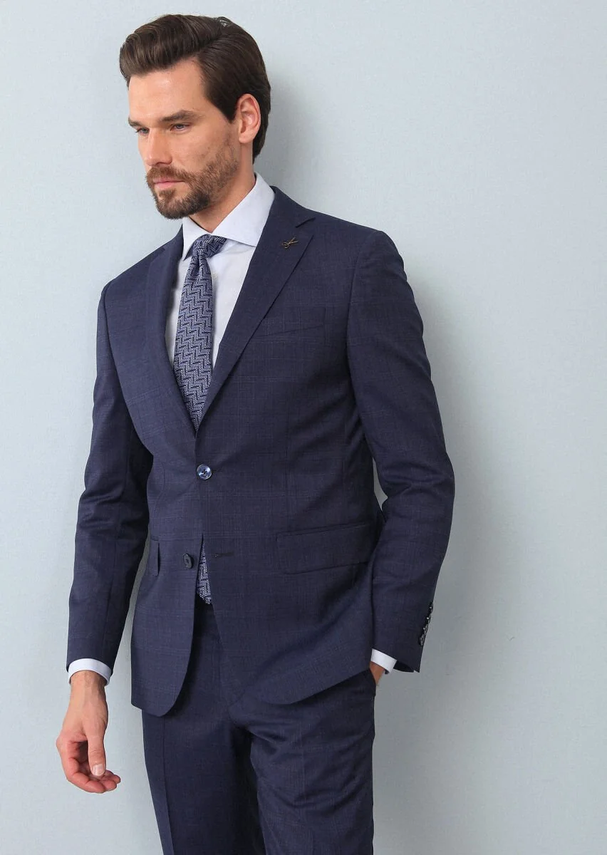 Light Navy Blue Checkered Modern Fit 100% Wool Suit - 1