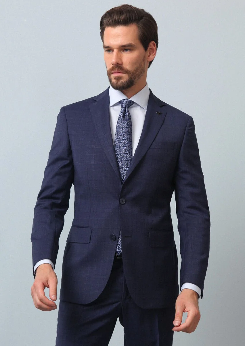 Light Navy Blue Checkered Modern Fit 100% Wool Suit - 3