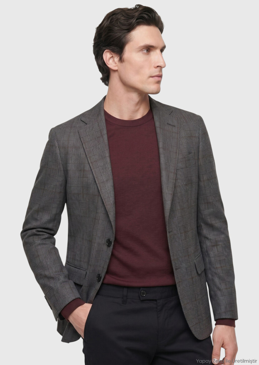 Light Navy Blue Checkered Regular Fit 100% Wool Jacket - RAMSEY