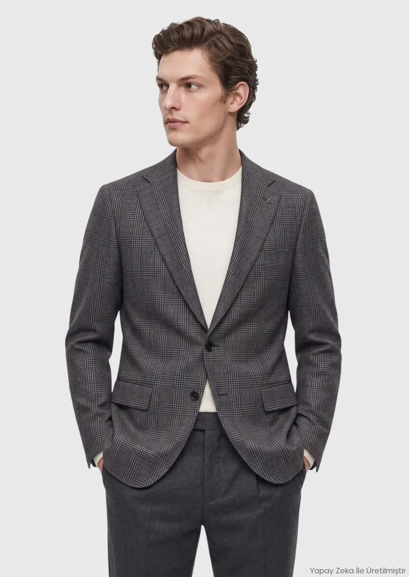 Light Navy Blue Checkered Regular Fit 100% Wool Jacket - RAMSEY
