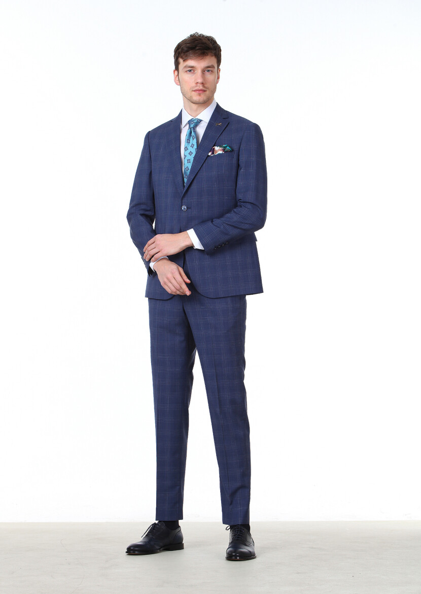 Light Navy Blue Checkered Regular Fit 100% Wool Suit - 1