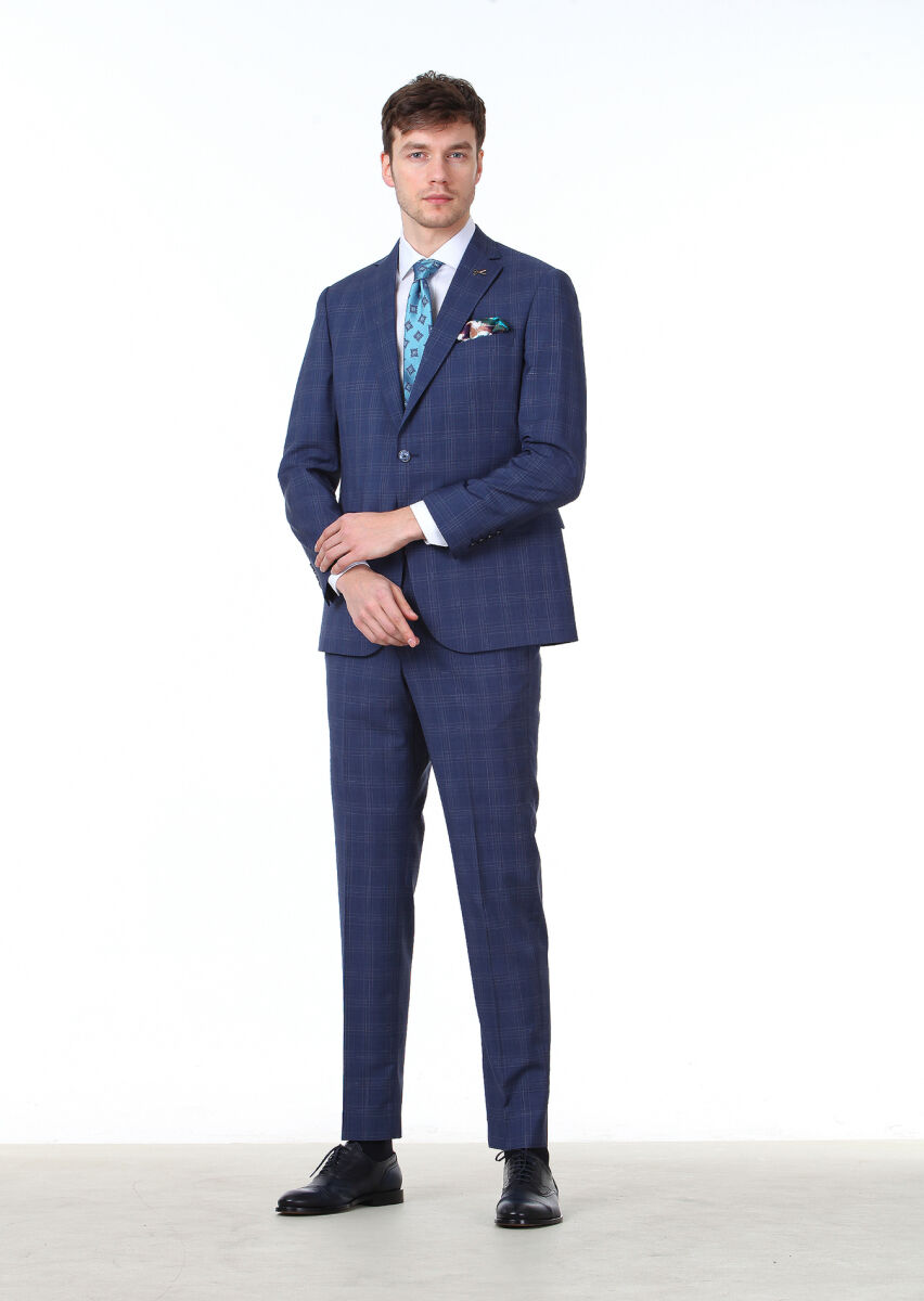 Light Navy Blue Checkered Regular Fit 100% Wool Suit - 1