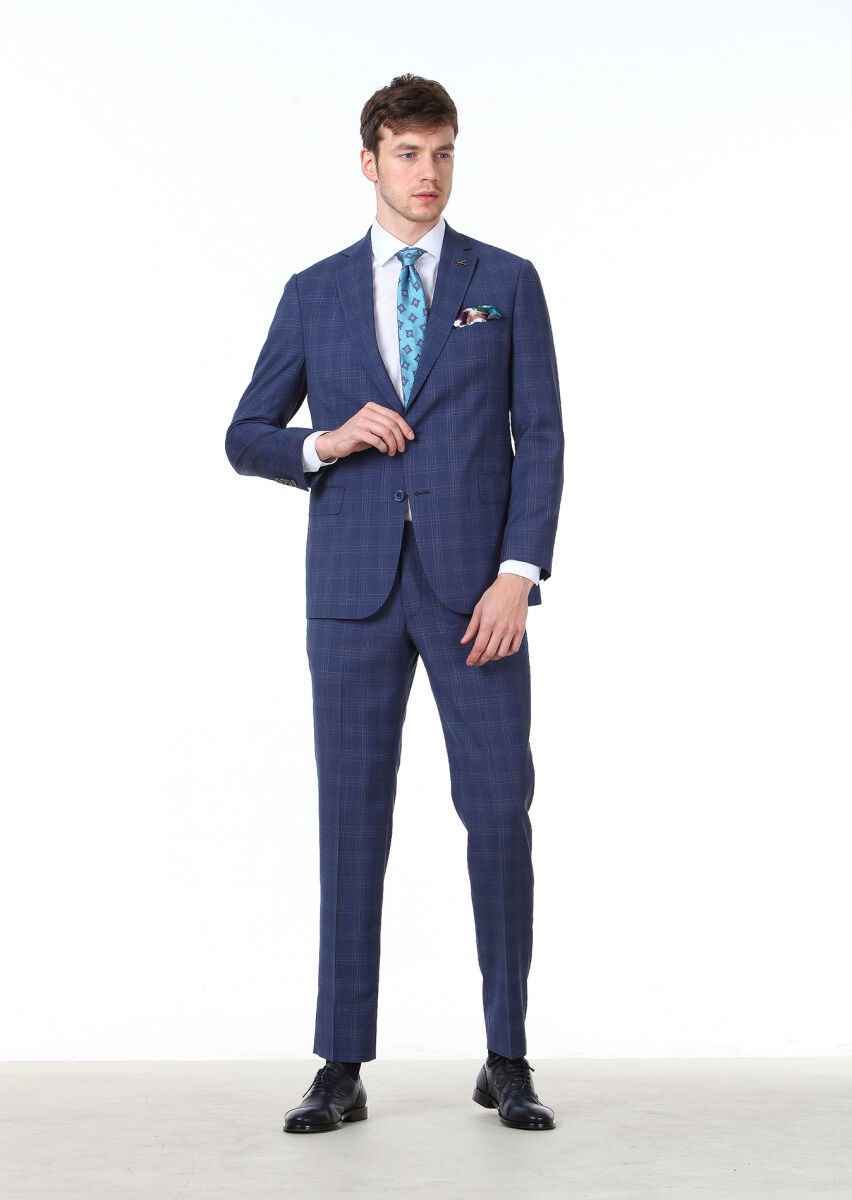 Light Navy Blue Checkered Regular Fit 100% Wool Suit - 2