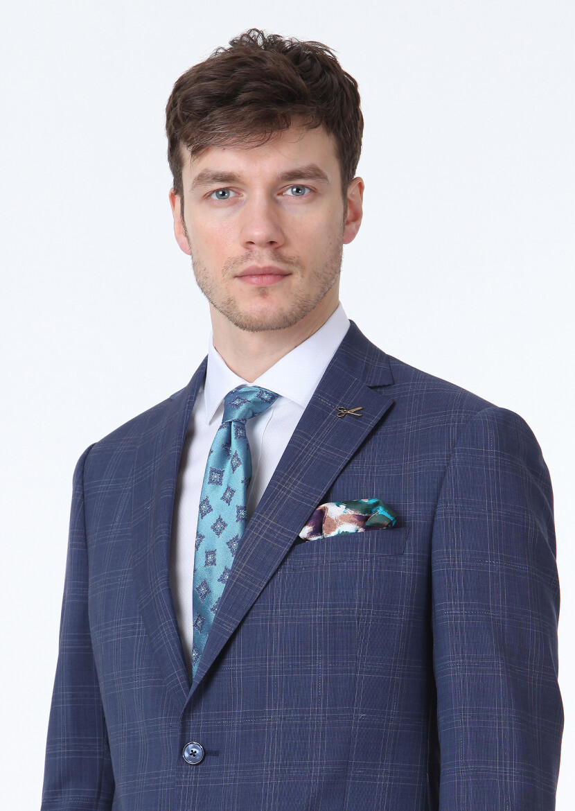 Light Navy Blue Checkered Regular Fit 100% Wool Suit - 3