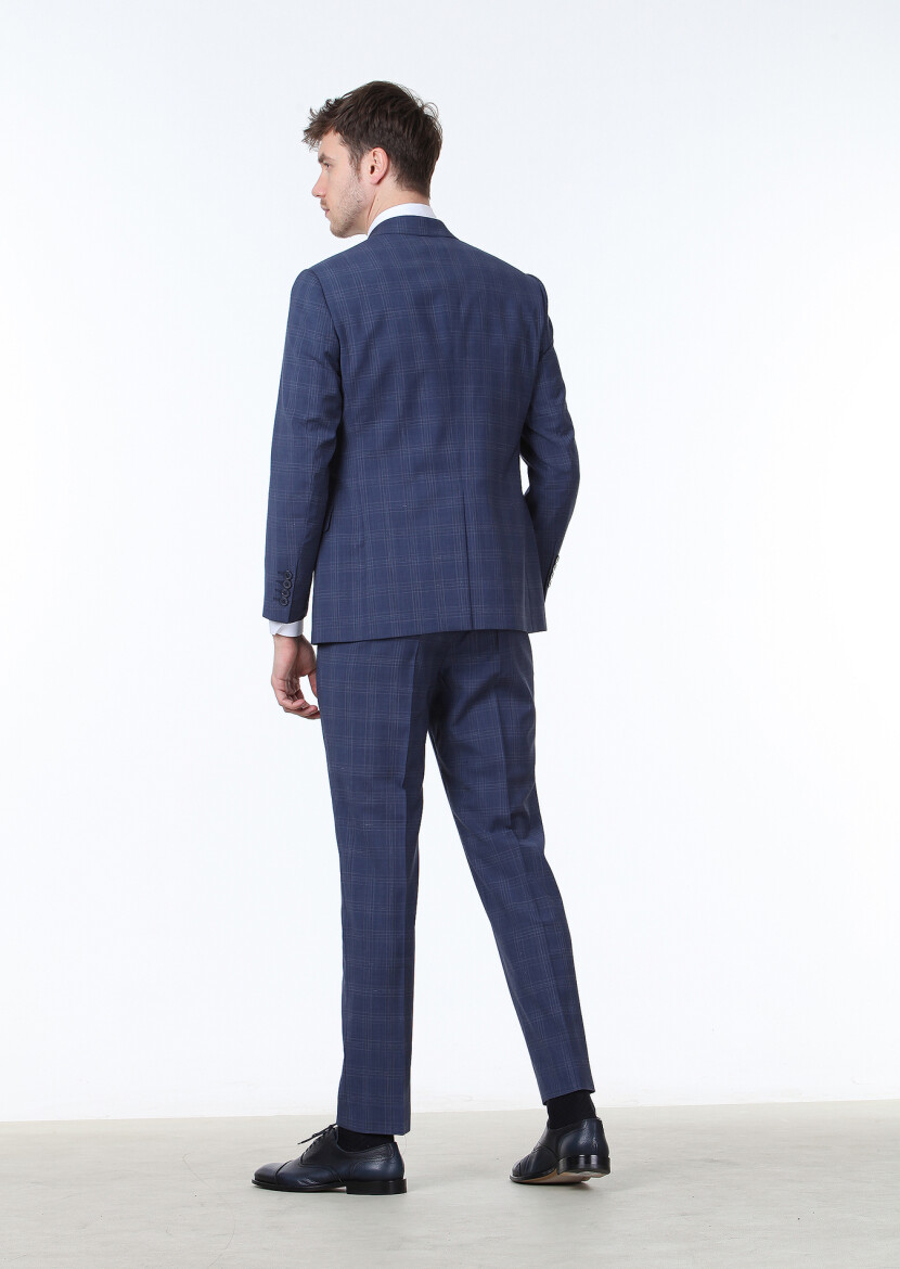 Light Navy Blue Checkered Regular Fit 100% Wool Suit - 4