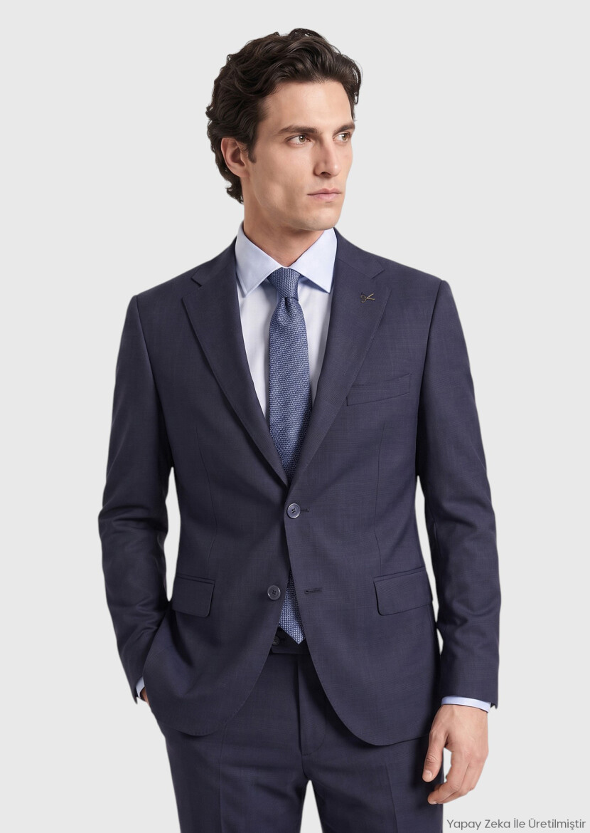 Light Navy Blue Checkered Regular Fit 100% Wool Suit - RAMSEY