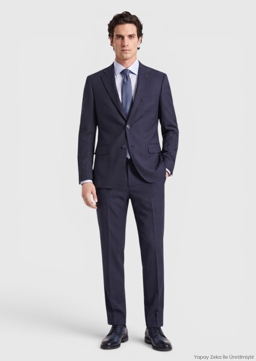 Light Navy Blue Checkered Regular Fit 100% Wool Suit - RAMSEY