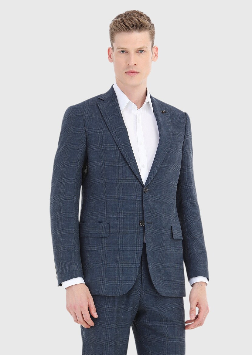 Light Navy Blue Checkered Regular Fit Silk Blended Suit - 2