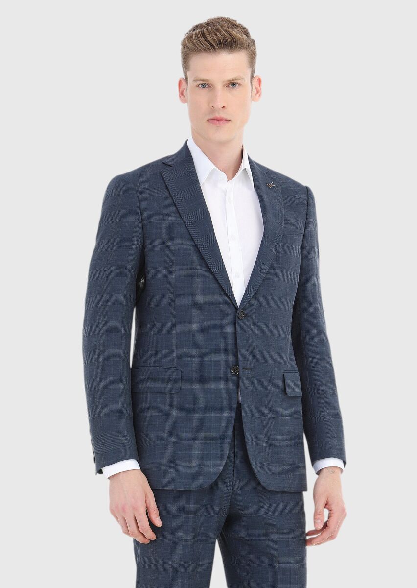 Light Navy Blue Checkered Regular Fit Silk Blended Suit - 2