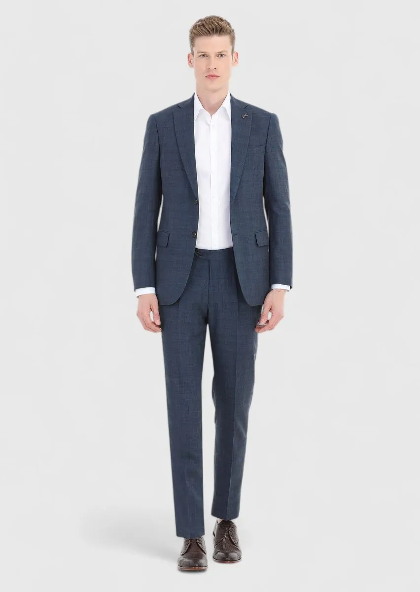Light Navy Blue Checkered Regular Fit Silk Blended Suit - 1