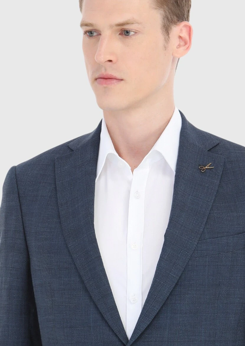Light Navy Blue Checkered Regular Fit Silk Blended Suit - 3