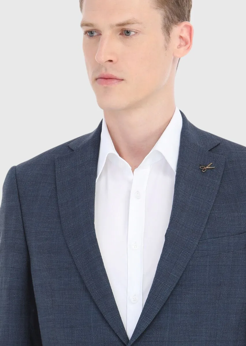 Light Navy Blue Checkered Regular Fit Silk Blended Suit - 3