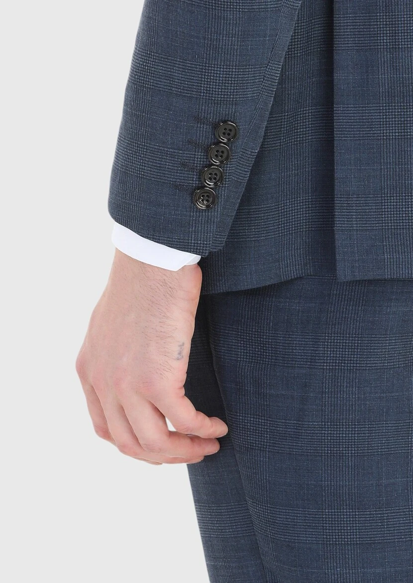 Light Navy Blue Checkered Regular Fit Silk Blended Suit - 4