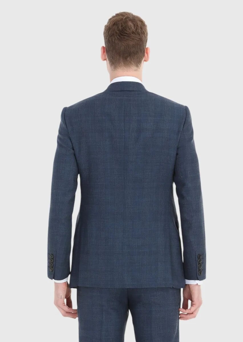 Light Navy Blue Checkered Regular Fit Silk Blended Suit - 5