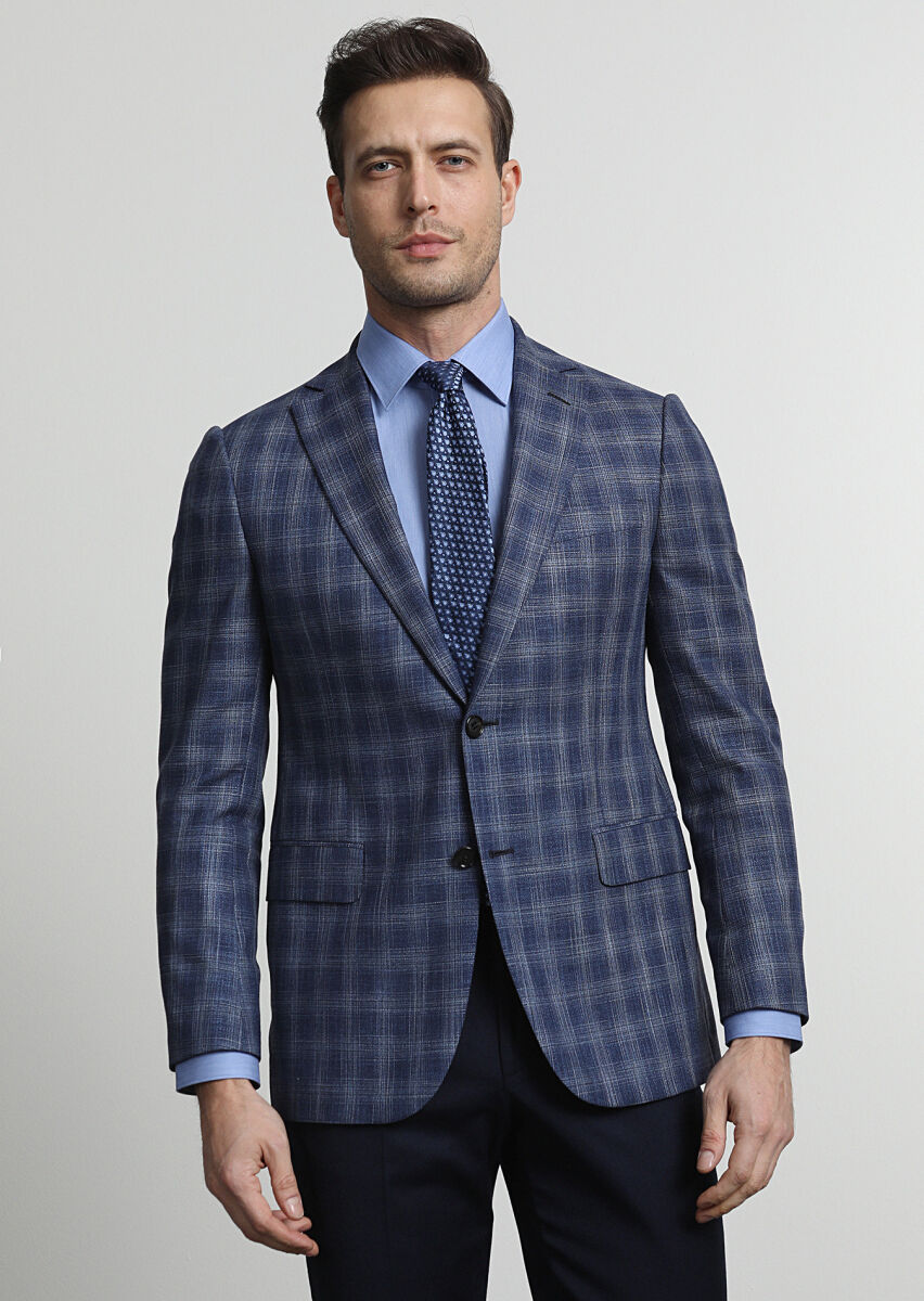 Light Navy Blue Checkered Regular Fit Wool Blended Jacket - 1