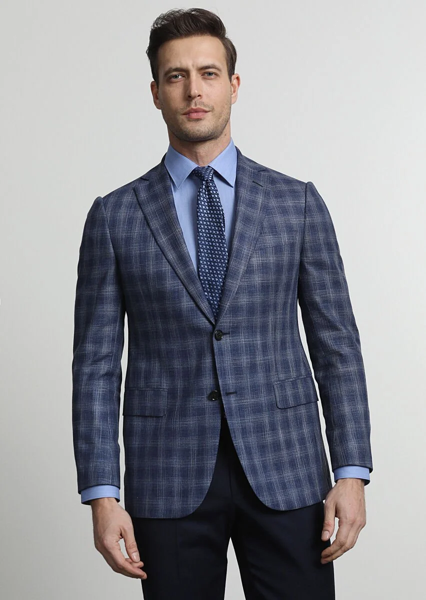 Light Navy Blue Checkered Regular Fit Wool Blended Jacket - 1