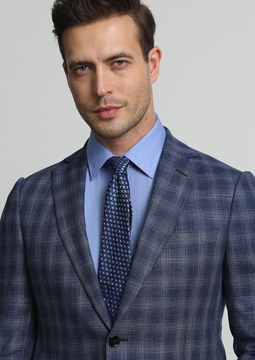 Light Navy Blue Checkered Regular Fit Wool Blended Jacket - 2