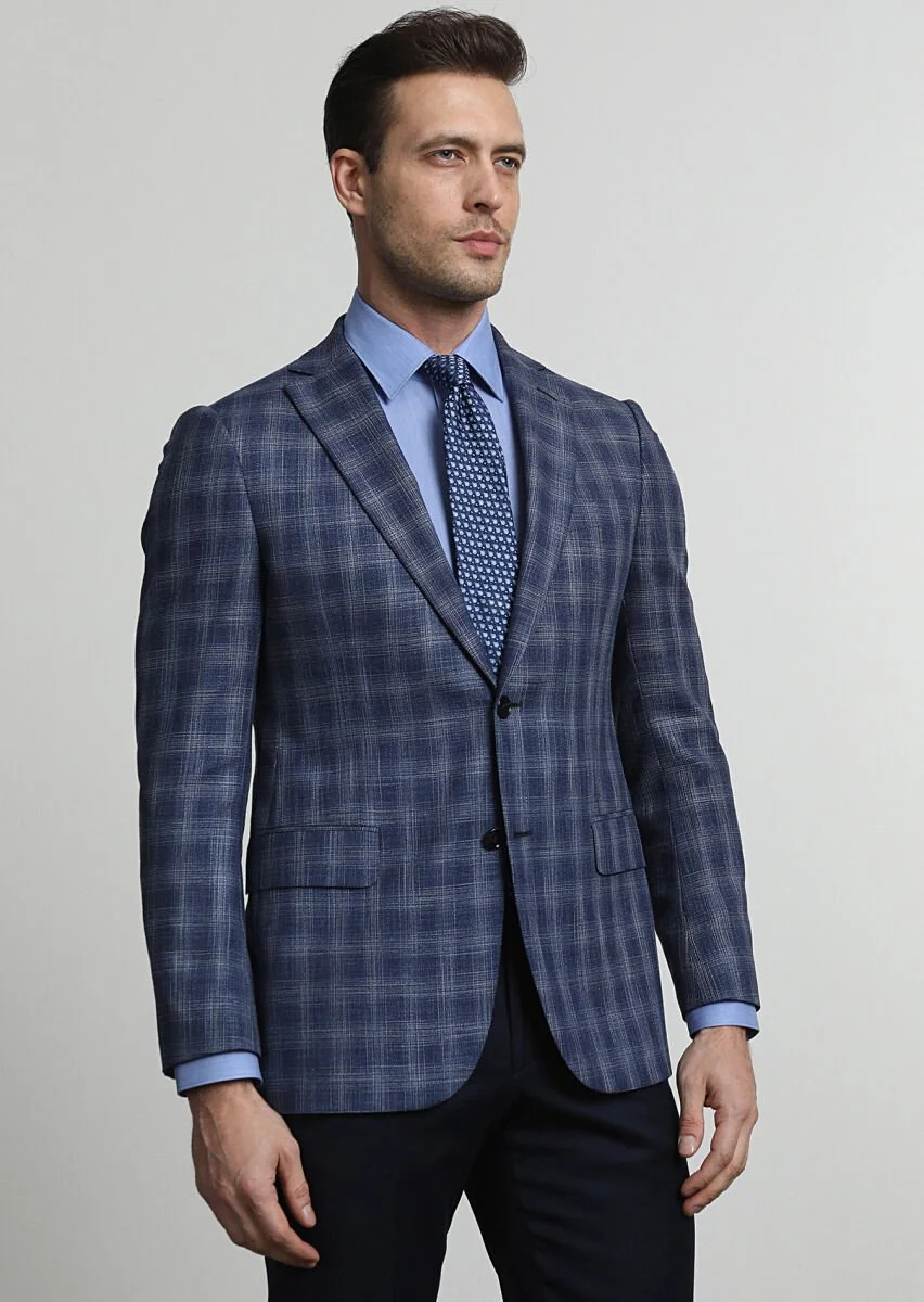Light Navy Blue Checkered Regular Fit Wool Blended Jacket - 3