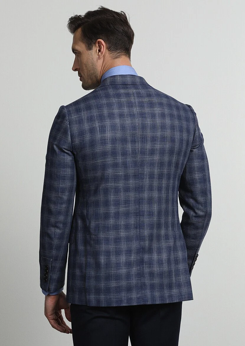 Light Navy Blue Checkered Regular Fit Wool Blended Jacket - 4
