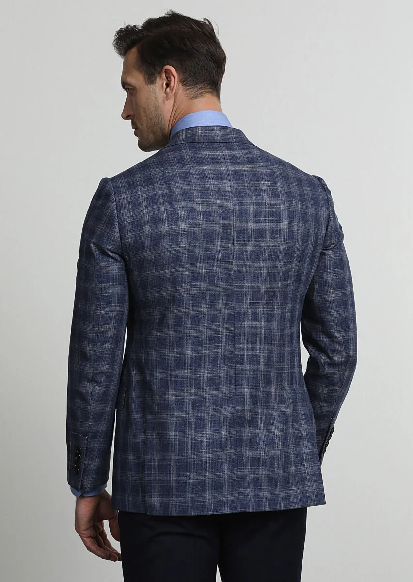 Light Navy Blue Checkered Regular Fit Wool Blended Jacket - 4