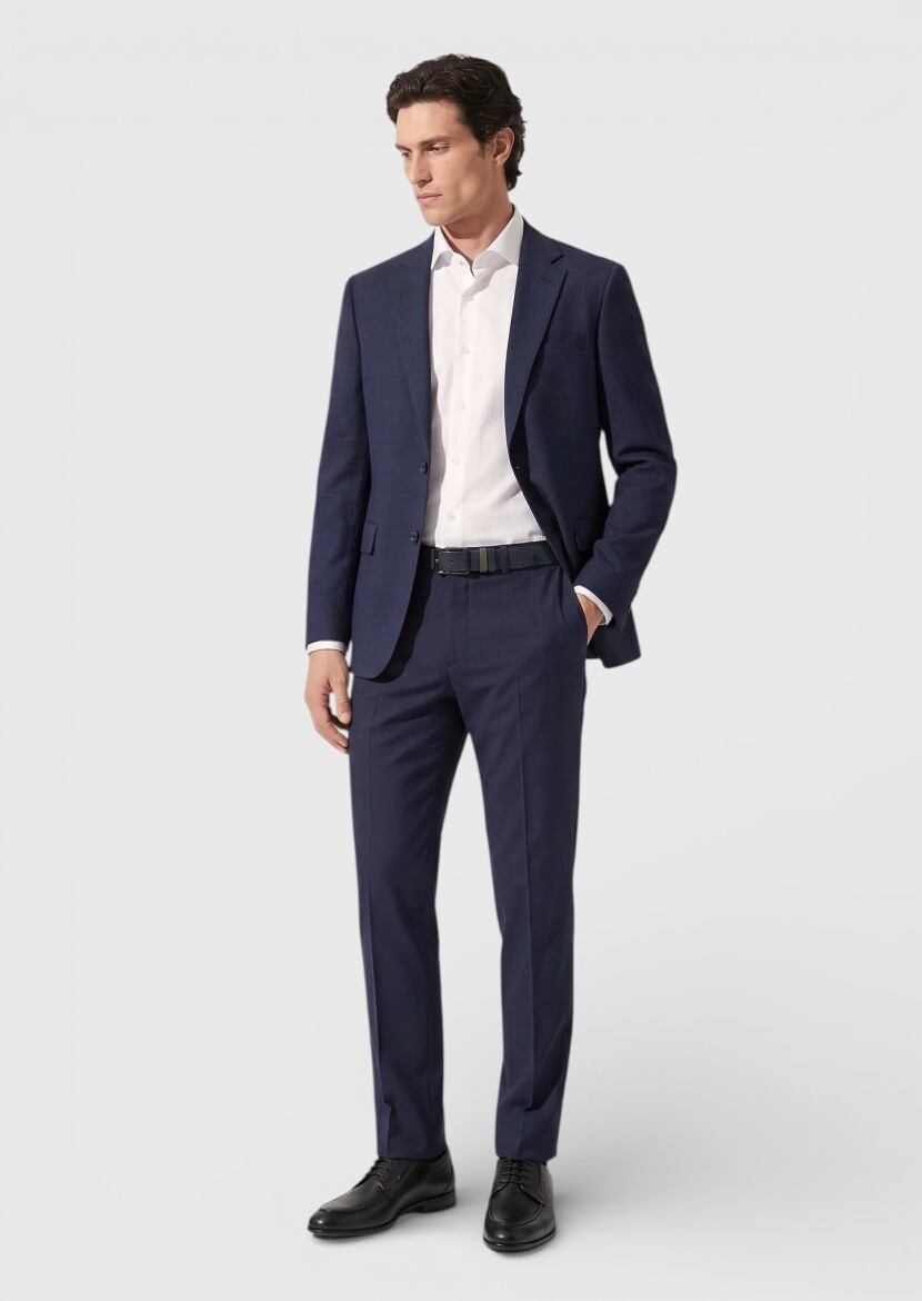 Light Navy Blue Checkered Zeroweight Slim Fit 100% Wool Suit - RAMSEY