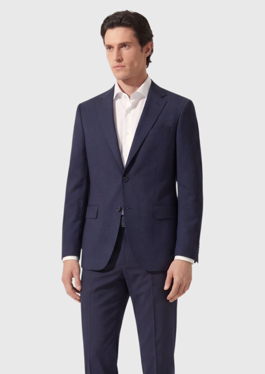 Light Navy Blue Checkered Zeroweight Slim Fit 100% Wool Suit - 2