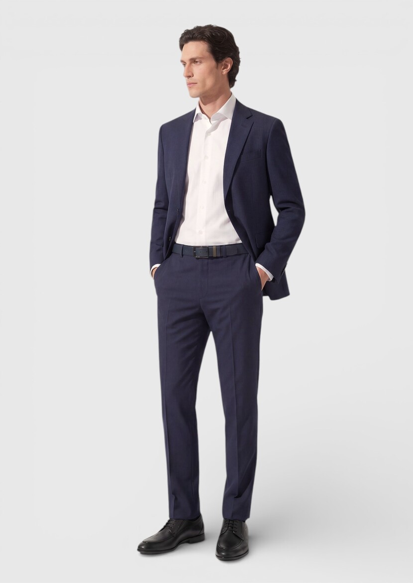 Light Navy Blue Checkered Zeroweight Slim Fit 100% Wool Suit - 3