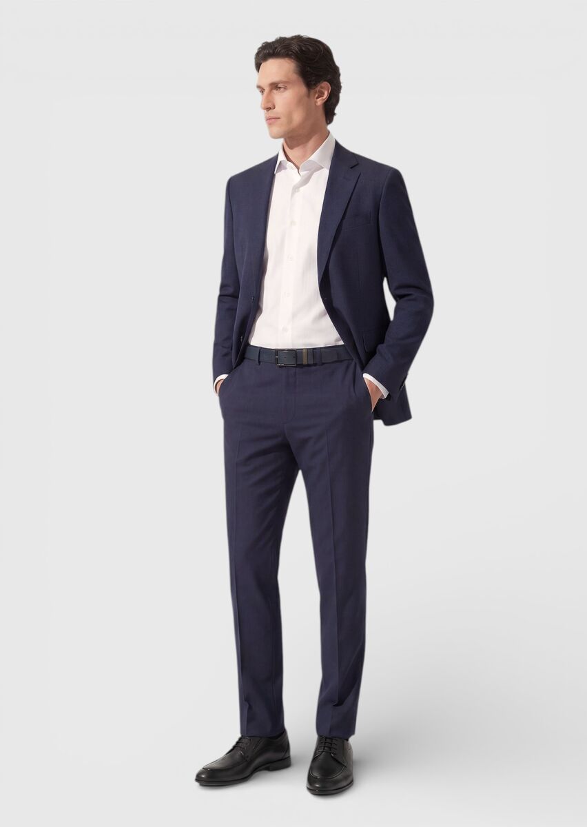 Light Navy Blue Checkered Zeroweight Slim Fit 100% Wool Suit - 3