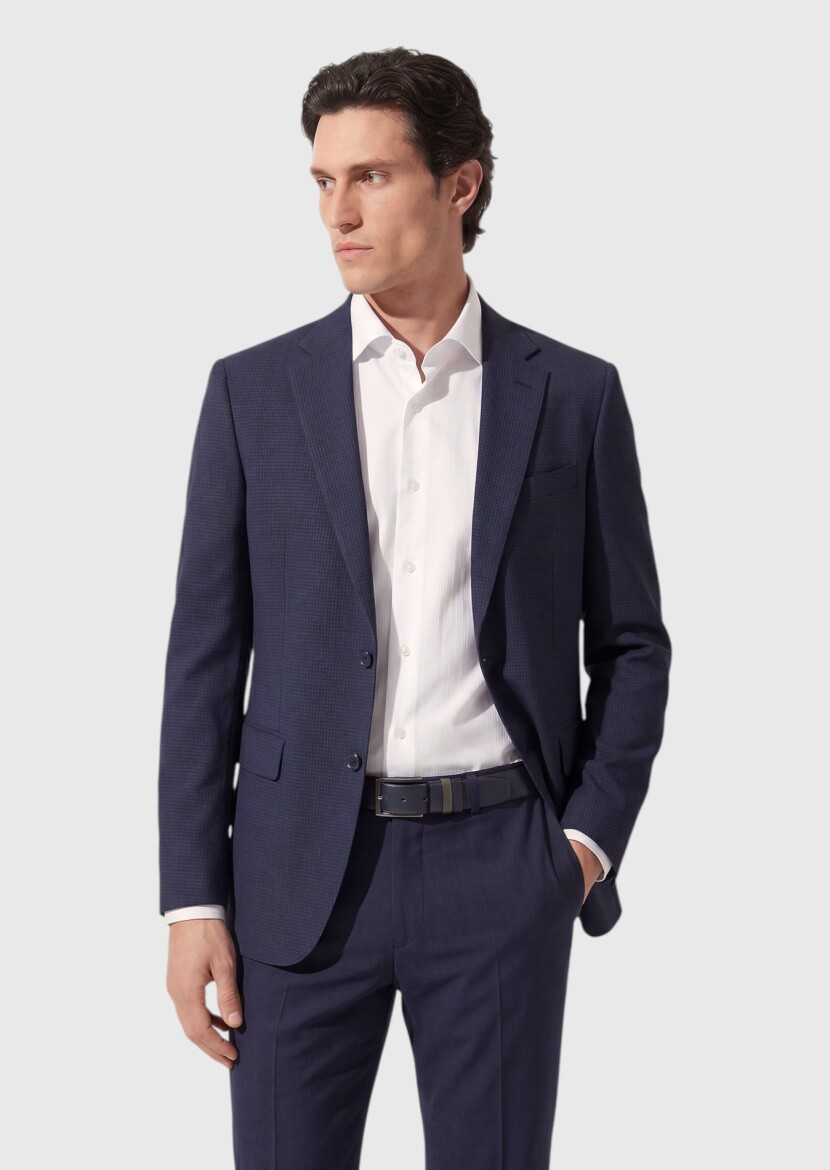 Light Navy Blue Checkered Zeroweight Slim Fit 100% Wool Suit - 4