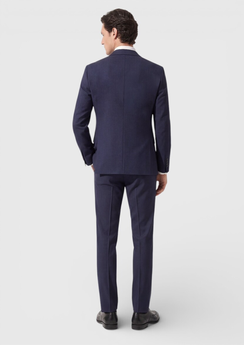 Light Navy Blue Checkered Zeroweight Slim Fit 100% Wool Suit - 5