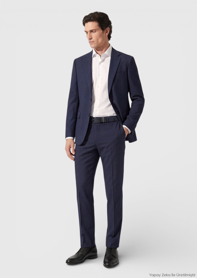 Light Navy Blue Checkered Zeroweight Slim Fit 100% Wool Suit - RAMSEY