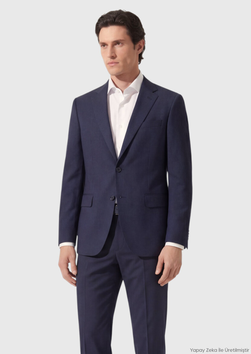 Light Navy Blue Checkered Zeroweight Slim Fit 100% Wool Suit - RAMSEY